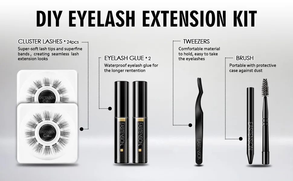 EASITENSION DIY Eyelash Extension, 3D Effect Glue Bonded Band Cluster Lashes Individual Lash 24 Clusters Volume Lashes Set, At Home Eyelash Extension, C curl Lashes Pack 12mm,14mm (KIT) - product information 2