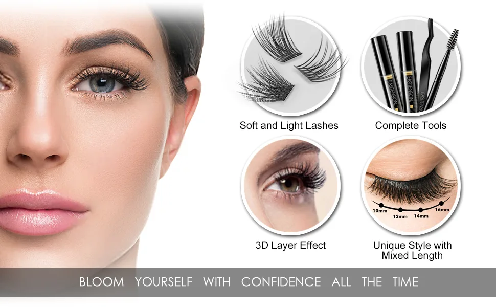 EASITENSION DIY Eyelash Extension, 3D Effect Glue Bonded Band Cluster Lashes Individual Lash 24 Clusters Volume Lashes Set, At Home Eyelash Extension, C curl Lashes Pack 12mm,14mm (KIT) - product information 3