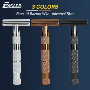 EASACE Long Handle Double Edge Safety Razor Razors for Men Women Classic Wet Shaving Kit，Metal Razor+1 Stand+1 Shaver Cleaning Brush+10 Stainless Steel Double Edge Safety Razor Blades（Silver） - A Meaningful Gift