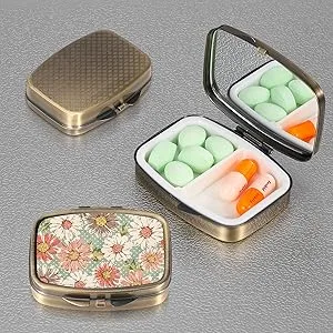 Dynippy Pill Case Pill Box with Mirror Retro Pocket 2 Compartment Medicine Case Vitamin Pill Organizer for Pocket Purse and Travel Gifts - Retro Flower - Compact Pill case with mirror