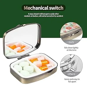 Dynippy Pill Case Pill Box with Mirror Retro Pocket 2 Compartment Medicine Case Vitamin Pill Organizer for Pocket Purse and Travel Gifts - Retro Flower - Mechanical switch