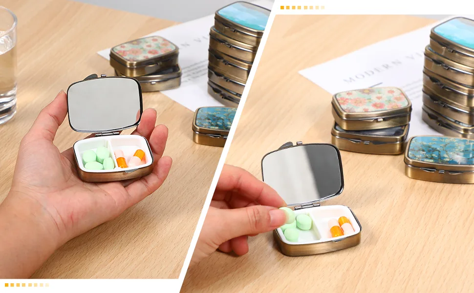 Dynippy Pill Case Pill Box with Mirror Retro Pocket 2 Compartment Medicine Case Vitamin Pill Organizer for Pocket Purse and Travel Gifts - Retro Flower - Pill Box