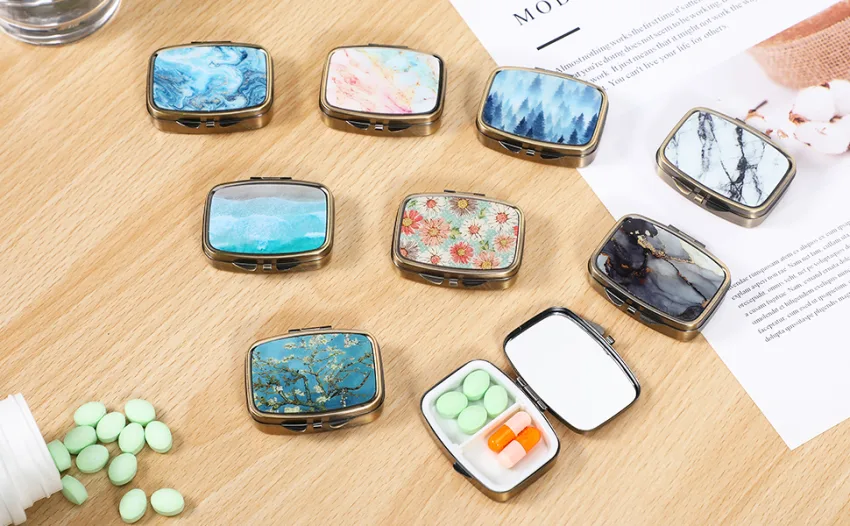 Dynippy Pill Case Pill Box with Mirror Retro Pocket 2 Compartment Medicine Case Vitamin Pill Organizer for Pocket Purse and Travel Gifts - Retro Flower - Pill Case