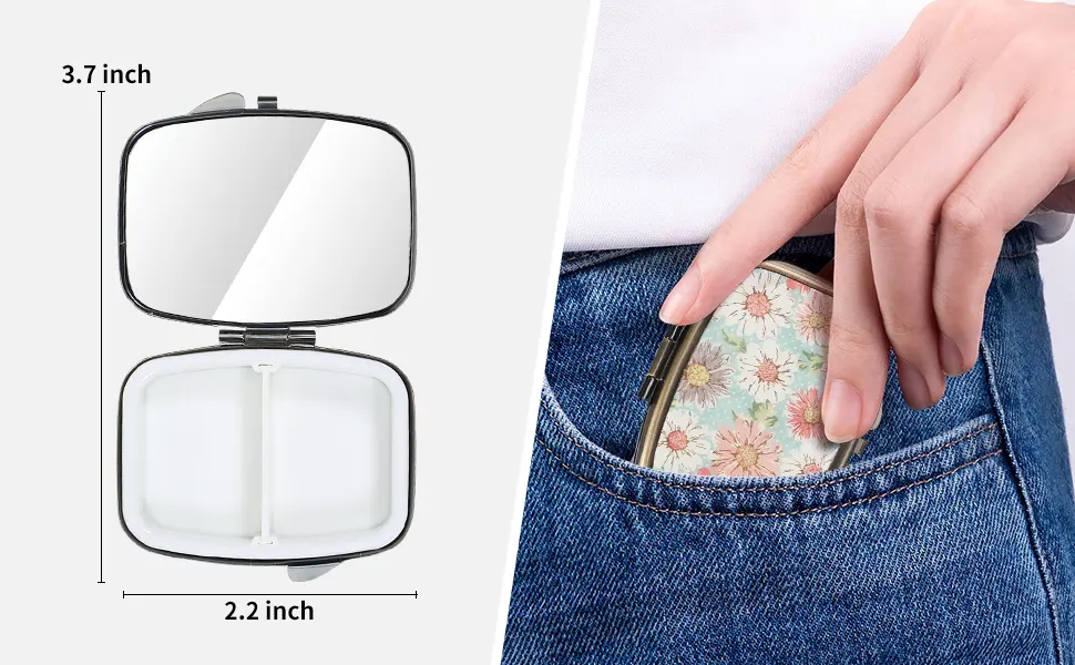 Dynippy Pill Case Pill Box with Mirror Retro Pocket 2 Compartment Medicine Case Vitamin Pill Organizer for Pocket Purse and Travel Gifts - Retro Flower - Pill Organizer