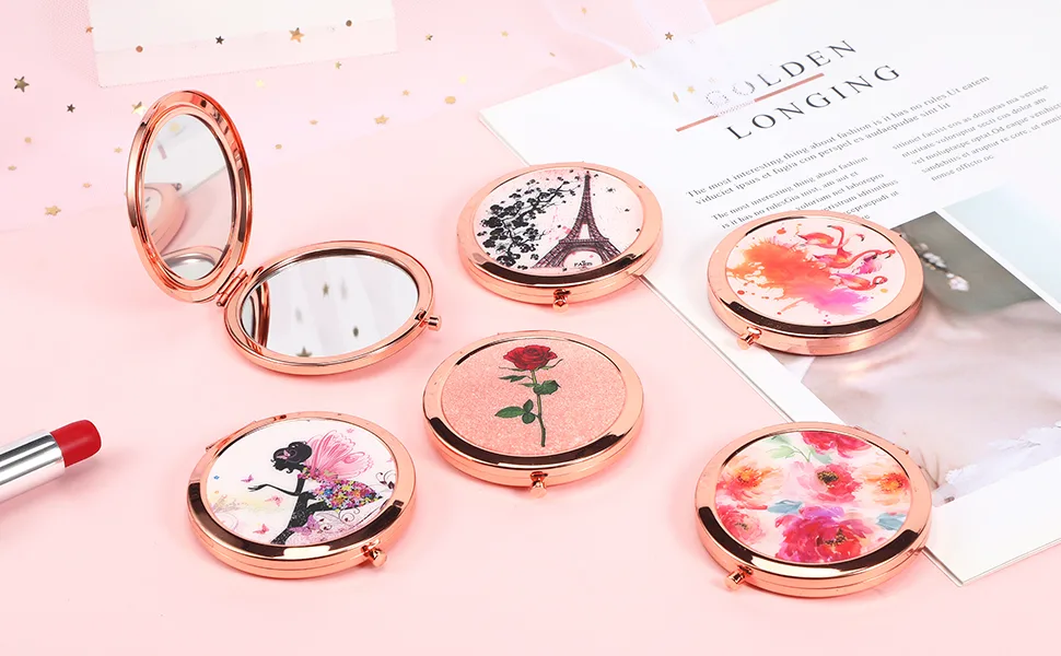 Dynippy Compact Mirror Round Rose Gold Makeup Mirror Folding Mini Pocket Mirror Portable Hand Mirror Double-Sided with 2 x 1x Magnification for Woman Mother Kids Great Gift (Eiffel Tower) A-eiffel Tower - Rose Gold Compact Mirror