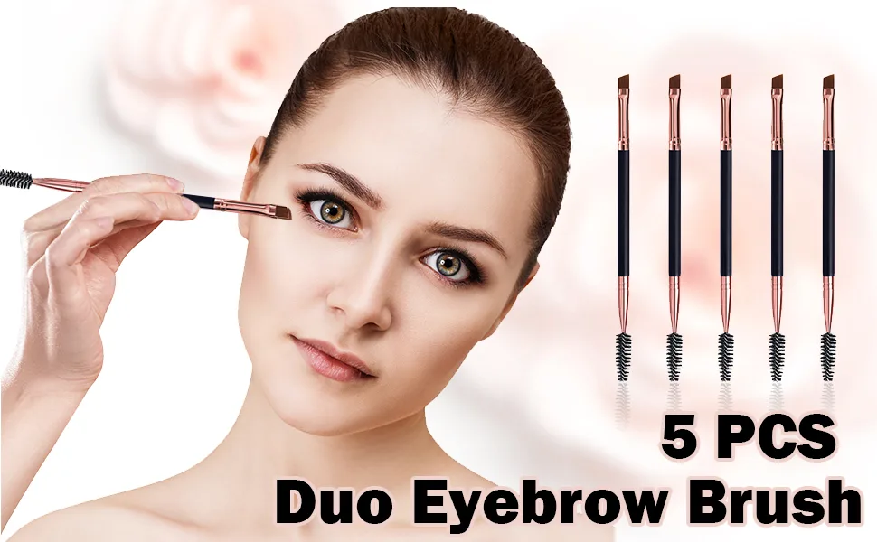 Duo Eyebrow Brush, Spoolie Brush and Angled Brow Brush Eyelash Brush for Eye Makeup. (5pcs, Black) - Duo Eyebrow Brush, Spoolie Brush and Angled Brow Brush Eyelash Brush for Eye Makeup