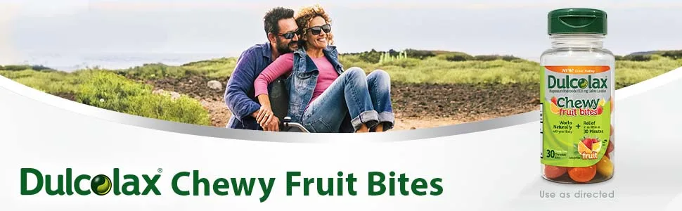Dulcolax Chewy Fruit Bites, Saline Laxative, Cherry Berry (30ct) Cramp-Free Constipation Relief - Get fast-acting relief from constipation, bloating and gas with saline laxative chewable bites.