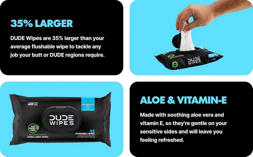 DUDE Wipes Flushable Wipes - 1 Pack, 48 Wipes - Unscented Wet Wipes with Vitamin-E & Aloe for at-Home Use - Septic and Sewer Safe - 35% larger, made with aloe and vitamin e