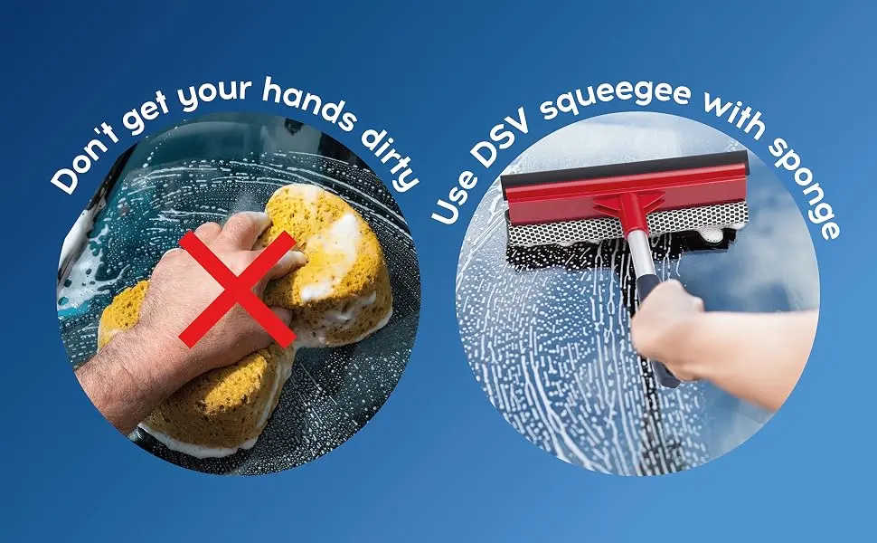 DSV Standard Professional All-Purpose Window Squeegee for Car Windshield, Shower Door, Boat | 2-in-1 Squeegee | Dual Side Blade Rubber & Scrubber Sponge | Aluminum Pole 20cm (8) - squeegee squgee squidgie sqeegy squeegies squiggy squuegee sweegie squeeze