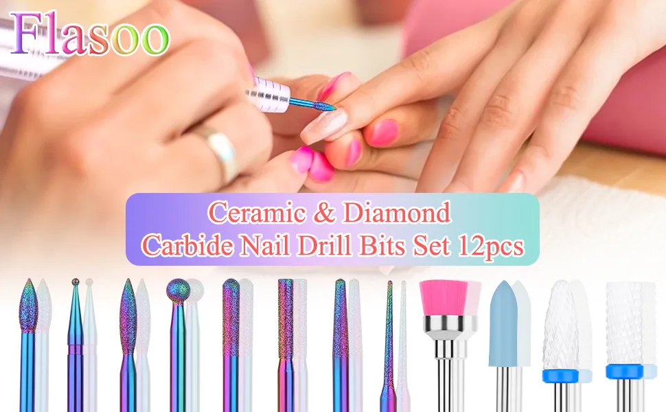 Drill Bits for Nails, Flasoo 12Pcs Nail Drill Bit Set Cuticle Bit for Acrylic Nail Gel Nail, Fine Grits Efile Bits for Electric Manicure Machine Home Salon Use - nail drill bits