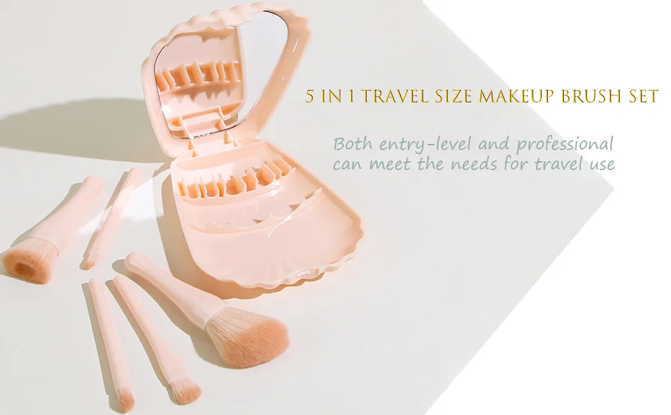 Yoseng Travel Makeup brushes Set 5pcs Mini Complete Function Travel Portable Cosmetic Brushes Kit with Mirror Case Pink - 5-in-1 travel makeup brush set