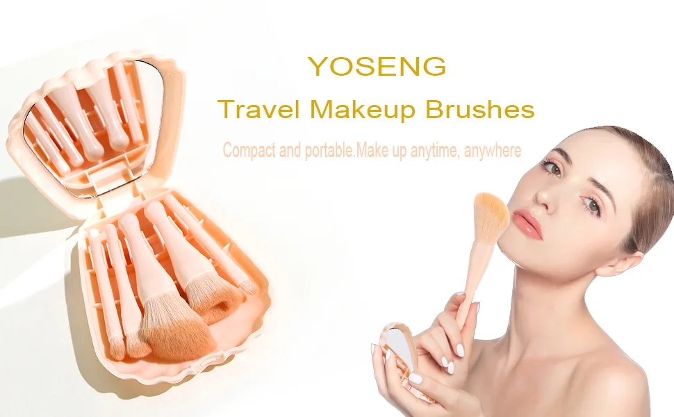 Yoseng Travel Makeup brushes Set 5pcs Mini Complete Function Travel Portable Cosmetic Brushes Kit with Mirror Case Pink - Yoseng Travel Makeup brushes Set