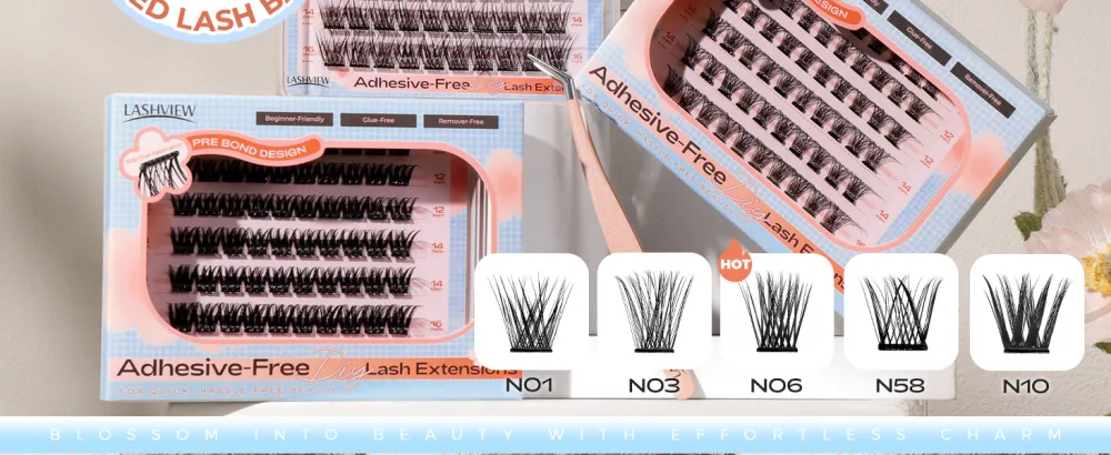 LASHVIEW Self Adhesive Eyelashes D Curl Press On Lash Clusters Kit Pre Glued Eyelash Clusters with Applicator No Glue No Remover Needed DIY Lash Extension Kit 10-16mm (N06 78Pcs) - LASHVIEW