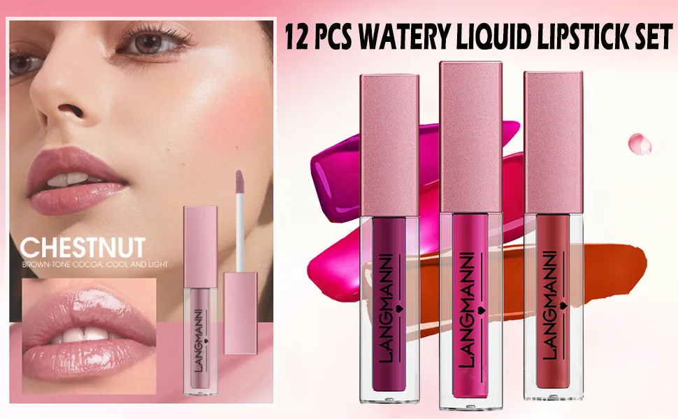 Dulele 12Pcs Watery Liquid Lipstick Set Moisturizing & Highly Pigmented Colored Lip Gloss Longwear Not Fade Rose Lip Tint Stain with Gift Box - product information 20