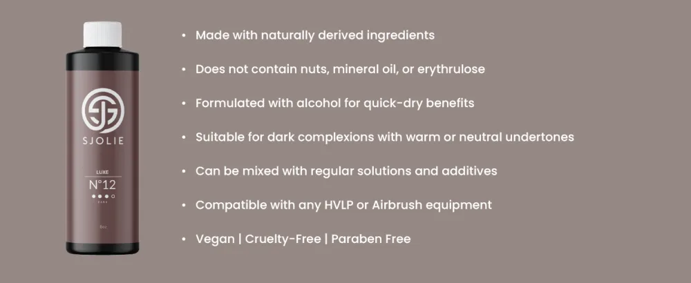 SJOLIE Spray Tan Solution - Luxe 12 - Violet Based Dark Blend | Sunless Tanning Solution for Deep Dark Bronze Finish All Natural (8oz) 8 Fl Oz (Pack of 1) - brown spray tan solution bottle displayed with key features