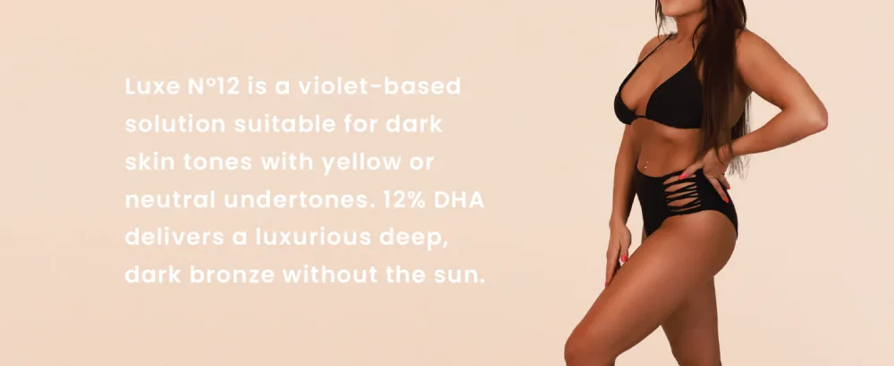 SJOLIE Spray Tan Solution - Luxe 12 - Violet Based Dark Blend | Sunless Tanning Solution for Deep Dark Bronze Finish All Natural (8oz) 8 Fl Oz (Pack of 1) - Deeply tanned model wearing a black bikini showcasing a spray tan solution bottle