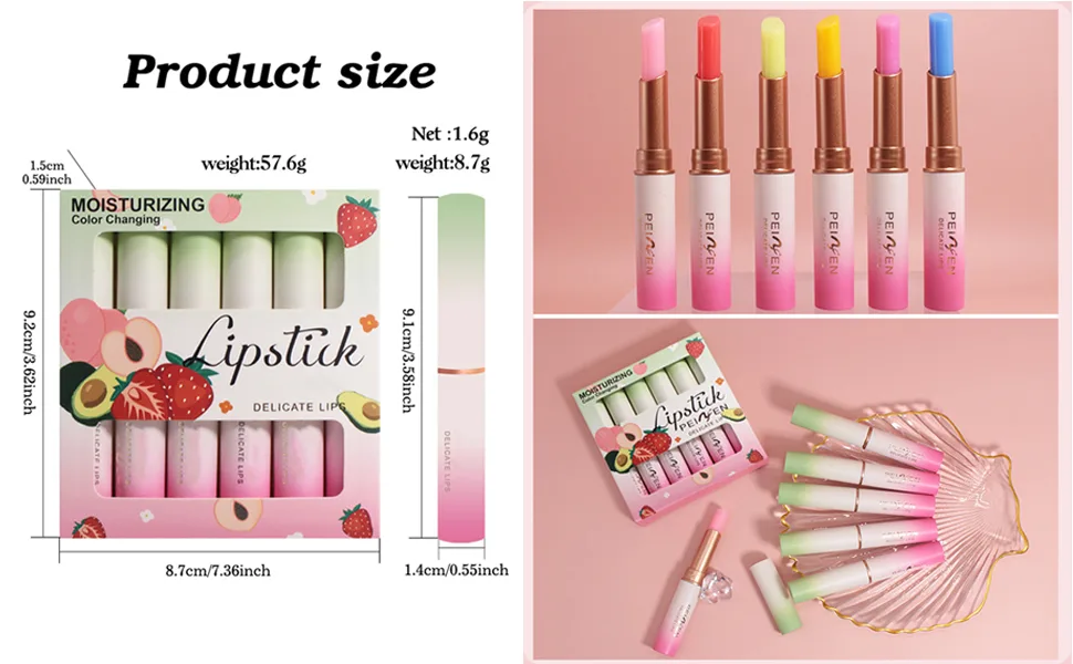 6 Pcs Color Changing Lipstick Lip Balm Magic Temperature PH Color change Lipstick Moisturizing No-Sticky Long Lasting Lip Gloss - Product size