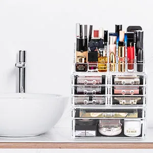 DreamGenius Makeup Organizer 3 Pieces Acrylic Cosmetic Storage Drawers Organizer for Vanity and Bathroom, Stackable Cosmetic Organizer Countertop with 8 Drawers - Bathroom Organizer