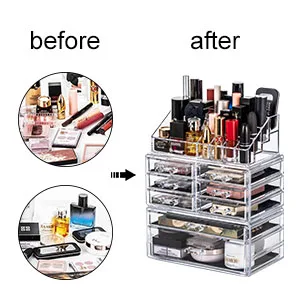 DreamGenius Makeup Organizer 3 Pieces Acrylic Cosmetic Storage Drawers Organizer for Vanity and Bathroom, Stackable Cosmetic Organizer Countertop with 8 Drawers - before after