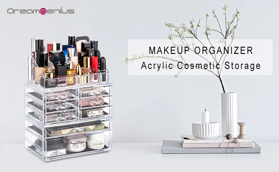 DreamGenius Makeup Organizer 3 Pieces Acrylic Cosmetic Storage Drawers Organizer for Vanity and Bathroom, Stackable Cosmetic Organizer Countertop with 8 Drawers - Makeup organizer