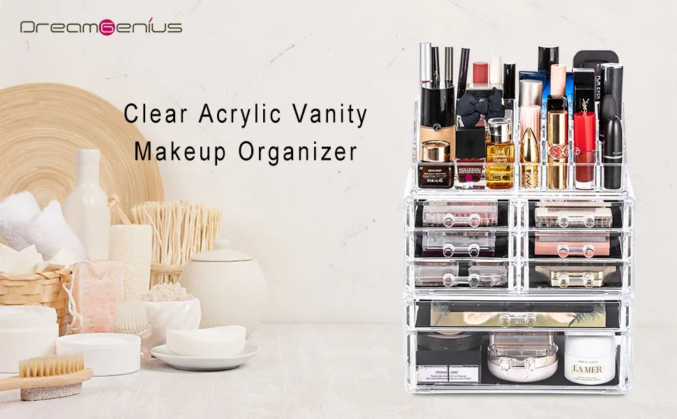 DreamGenius Makeup Organizer 3 Pieces Acrylic Cosmetic Storage Drawers Organizer for Vanity and Bathroom, Stackable Cosmetic Organizer Countertop with 8 Drawers - Makeup organizer