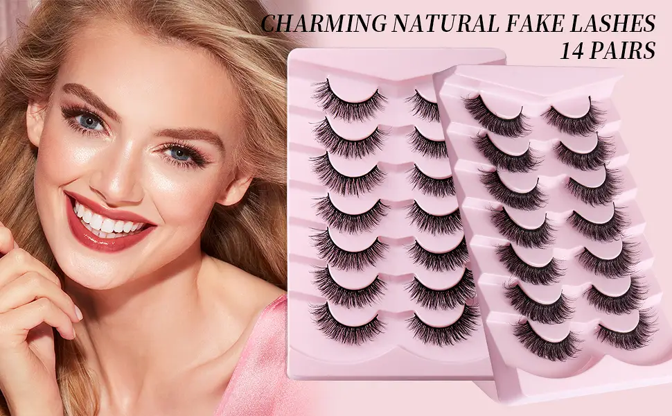 14 Pairs 6D False Eyelashes Fluffy Faux Mink D Curl Volume 15mm Fake Lashes Wispy Fluffy Natural Look Eye Lashes Strip Pack QLW888 - False Eyelashes