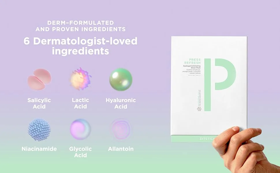 ZitSticka Press Refresh Exfoliating and Hydrating Sheet Mask to Soothe Acne-Prone Skin (1 Pack) - dermatologist niacinamide pimples zit acne facial face sheet mask skincare zitsticka breakouts oily