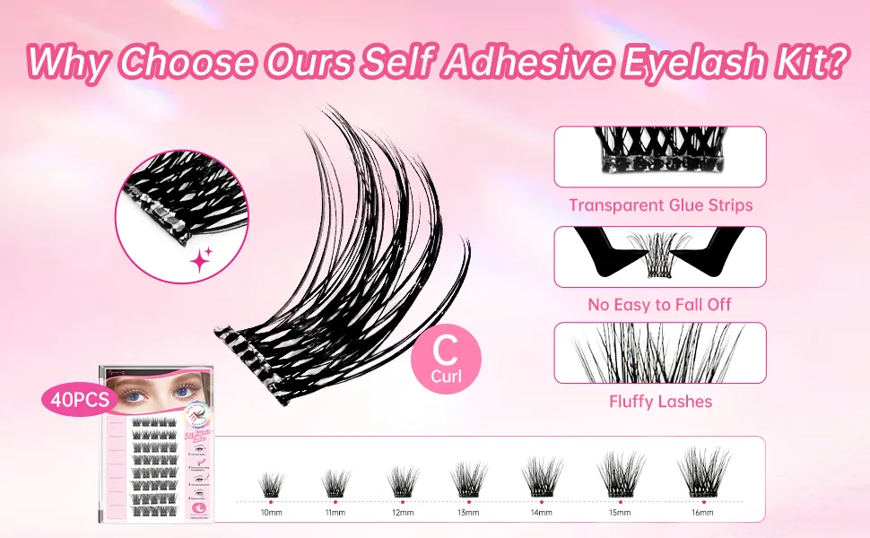 Beauty7 Self Adhesive Eyelashes No Glue Needed Self Adhesive Lash Clusters Pre-Glued Eyelashes Reusable Eyelash Clusters 40pcs Dense Fan Clusters DIY Lash Extension (Dense Fan Clusters) - product information 3