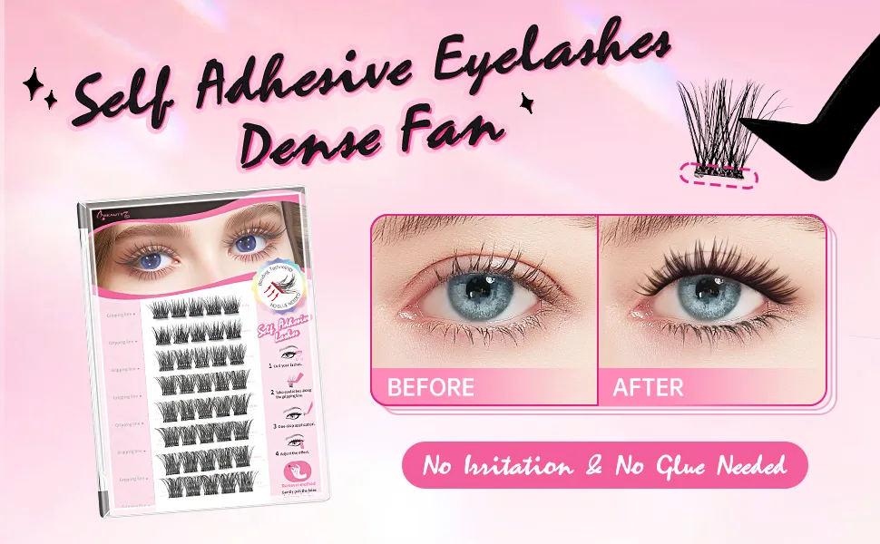 Beauty7 Self Adhesive Eyelashes No Glue Needed Self Adhesive Lash Clusters Pre-Glued Eyelashes Reusable Eyelash Clusters 40pcs Dense Fan Clusters DIY Lash Extension (Dense Fan Clusters) - nhfg
