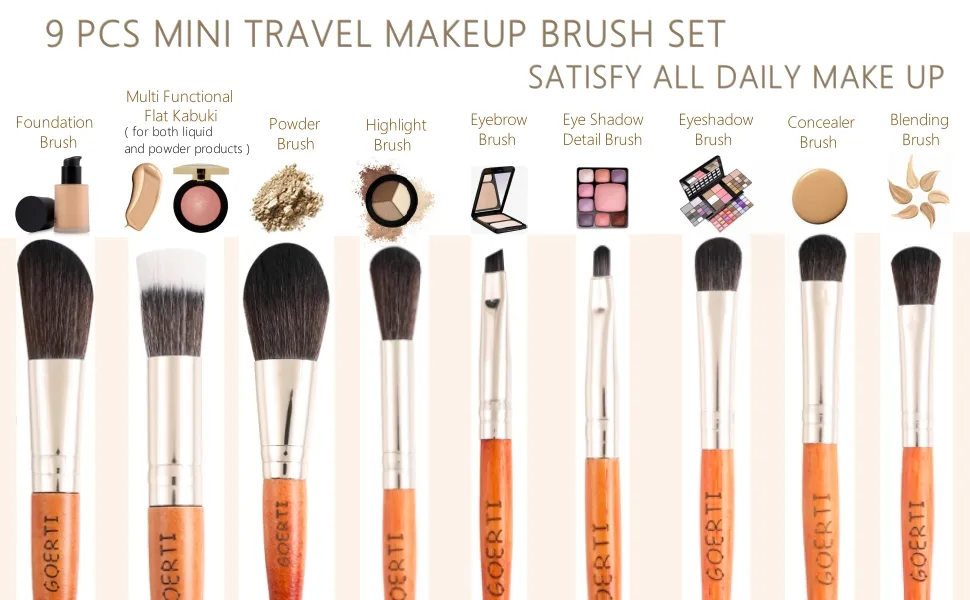 Travel Makeup Brush Set Mini Makeup brushes with Storage Bag Foundation Powder Concealers Contour Blush Eye Shadows Makeup Brush Set 9pcs With Bonus Protective Case (Brown) - Mini travel makeup brush set
