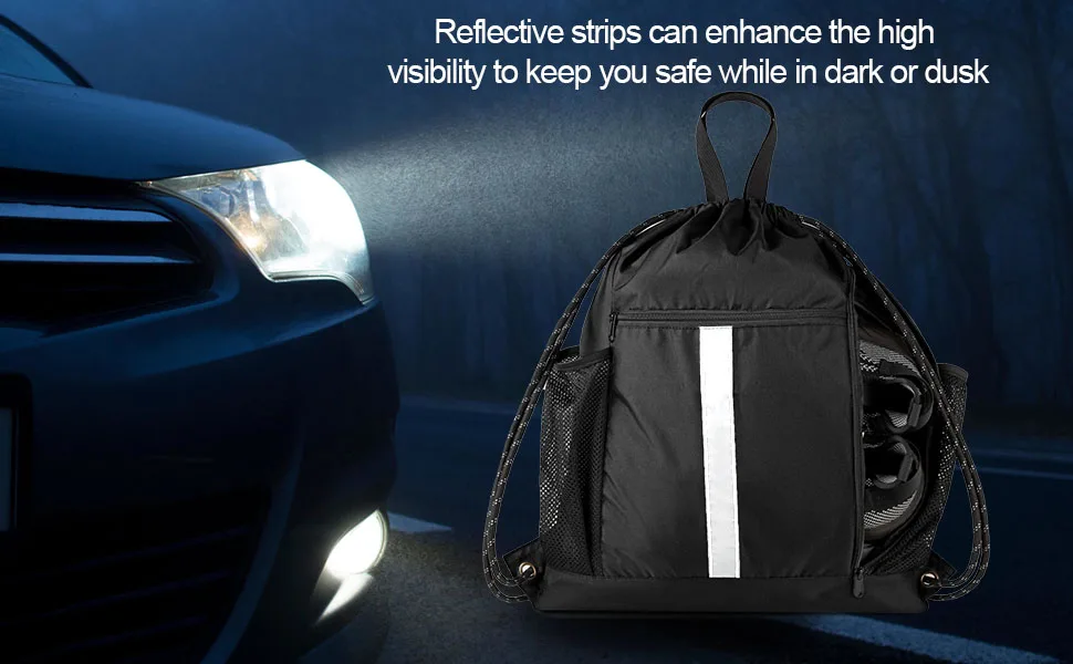 Drawstring Backpack Sports Gym Bag With Shoe Compartment and Two Water Bottle Holder Black 16" x 19.5" - drawstring bag pack
