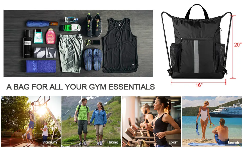 Drawstring Backpack Sports Gym Bag With Shoe Compartment and Two Water Bottle Holder Black 16" x 19.5" - string bag