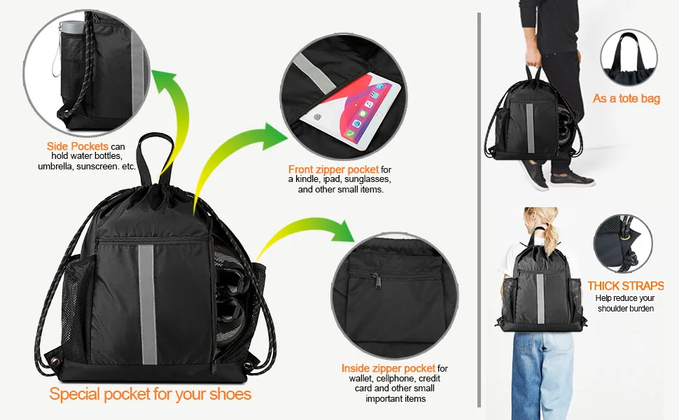 Drawstring Backpack Sports Gym Bag With Shoe Compartment and Two Water Bottle Holder Black 16" x 19.5" - string bag pack