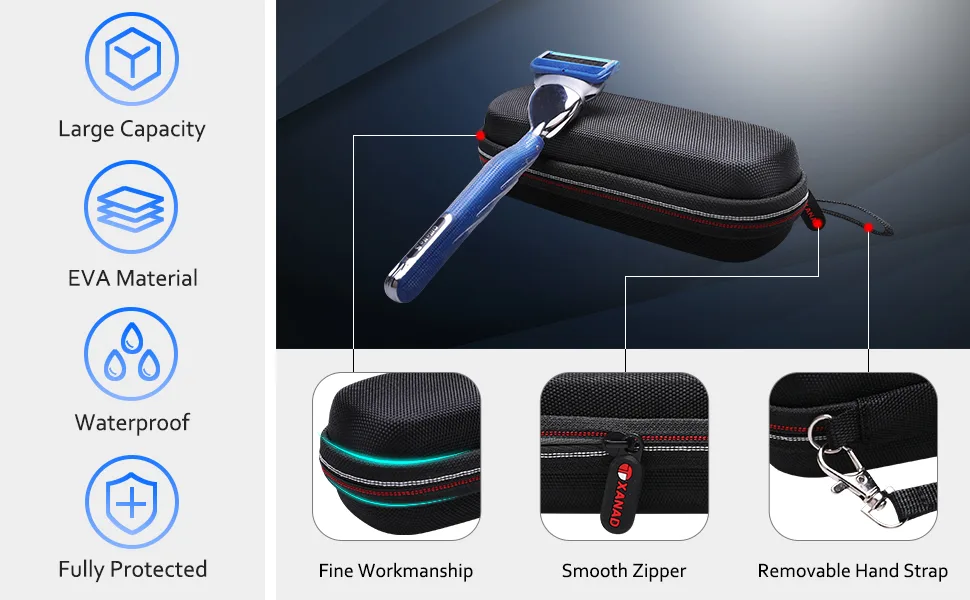 XANAD Hard Case for Gillette Mach3 Shield Men's Razor Handle + 4 Blade Refills - Case Only - Sturdy and smooth zipper design allows open and close easily