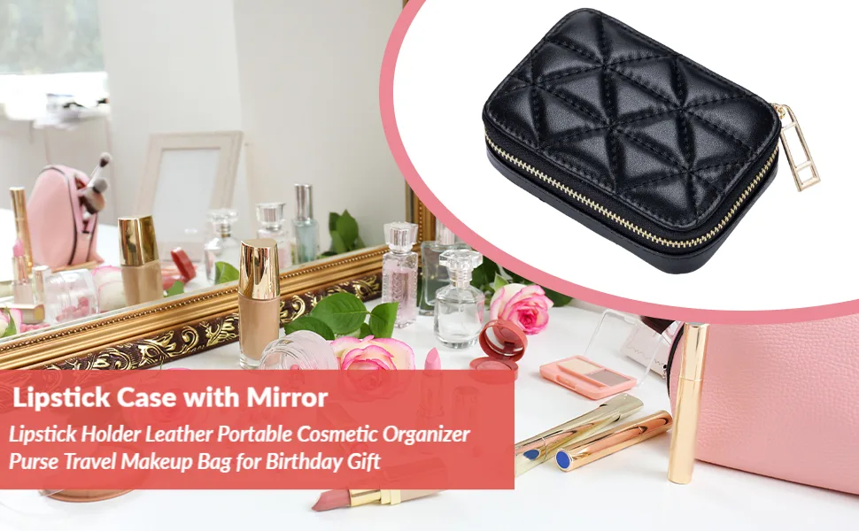 Lipstick Case with Mirror Lipstick Holder Leather Portable Cosmetic Organizer Purse Travel Makeup Bag for Birthday Gift Blue - Lipstick Case with Mirror