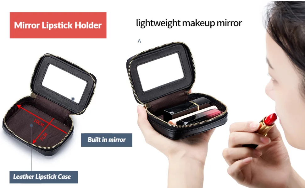 Lipstick Case with Mirror Lipstick Holder Leather Portable Cosmetic Organizer Purse Travel Makeup Bag for Birthday Gift Blue - Lipstick Case with Mirror