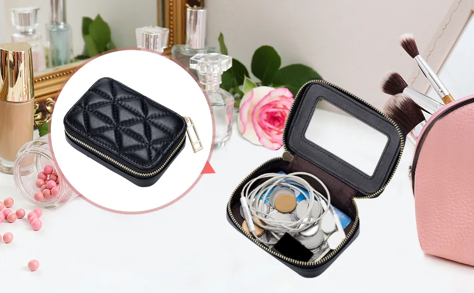 Lipstick Case with Mirror Lipstick Holder Leather Portable Cosmetic Organizer Purse Travel Makeup Bag for Birthday Gift Blue - Lipstick Case with Mirror