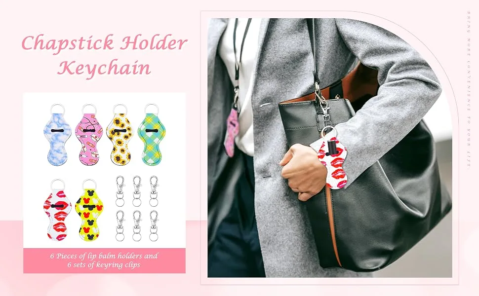 6 Pcs Chapstick Holder Keychain Lip Balm Holder with 6 Sets Keyring Clips for Lipstick Chapstick Lip Balm Lanyards - 6 Pcs Chapstick Holder Keychain