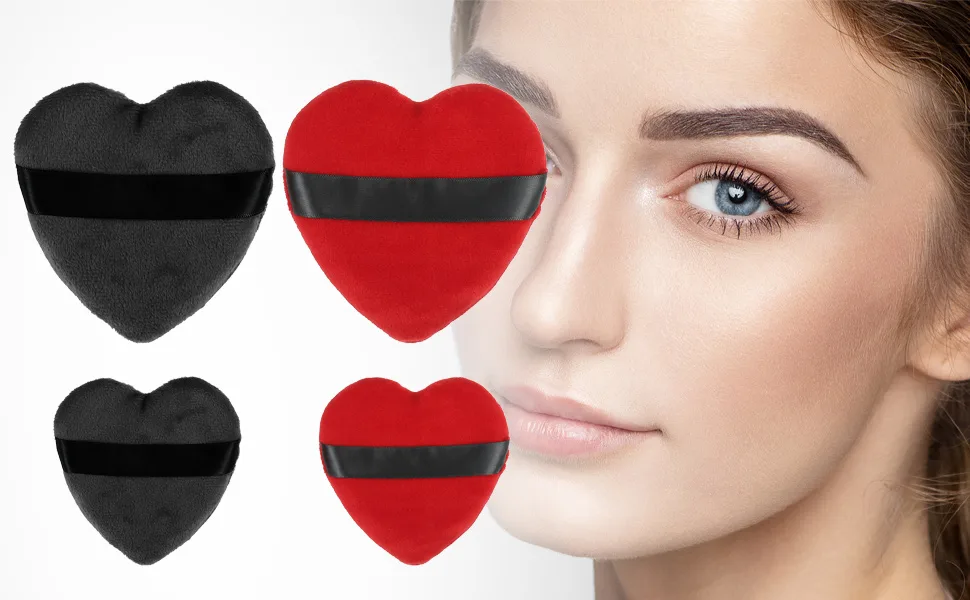 VOCOSTE 4 Pcs Loose Powder Puff Face Soft Heart Shape Puff Blender Beauty Makeup Tool Short Plush Black Red Black Red - Powder Puff