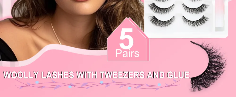 EMEDA Natural False Eyelashes Wool Curl False Lashes FLuffy Cat Eye Look 3D Wispy Wavy Lashes Look Like Extensions Wool Roll False Eyelashes for Beginners Daily 5 Pairs Pack with Glue (W14 6-12mm) - wool lash kit 5 pairs W14
