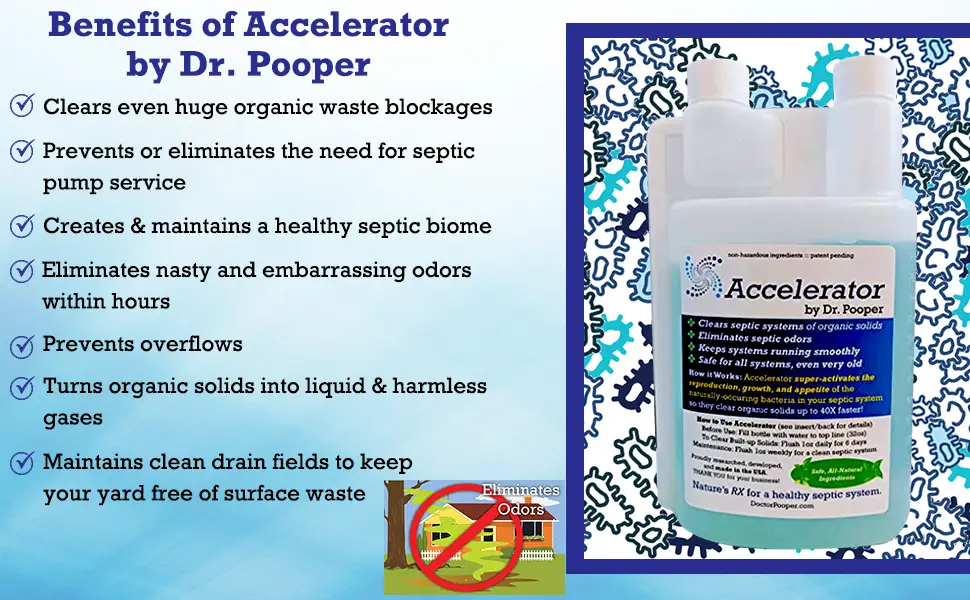 Dr. Pooper Accelerator Septic Tank Treatment - Environment-Friendly Septic System Maintenance Liquid - Eliminates Odors - Clears Organic Solids in Tanks & Drain Fields - Safe for All Septic Systems - Drain field cleaner