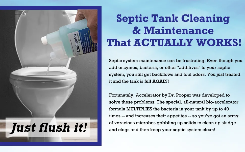 Dr. Pooper Accelerator Septic Tank Treatment - Environment-Friendly Septic System Maintenance Liquid - Eliminates Odors - Clears Organic Solids in Tanks & Drain Fields - Safe for All Septic Systems - Septic tank treatment