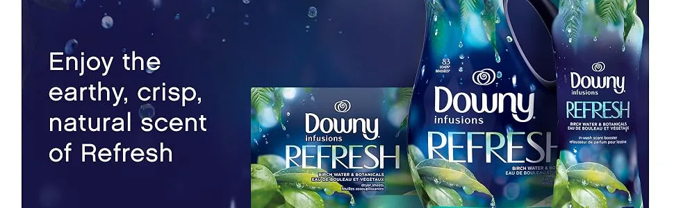 Downy Infusions Liquid Fabric Conditioner (Fabric Softener), Refresh, Birch Water & Botanicals, 56 Oz Bottles, 166 Loads Total, Pack of 2 Liquid Fabric Softener, 56oz - enjoy the earth, crisp, natural scent of refresh, downy infusions fabric conditioner, dryer sheets