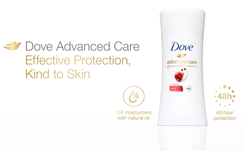 Dove Advanced Care Antiperspirant Deodorant Stick for Women, Revive, for 48 Hour Protection And Soft And Comfortable Underarms, 2.6 oz, 2 Count - Dove Advanced Care Revive provides effective protection and is kind to skin, 48h protection