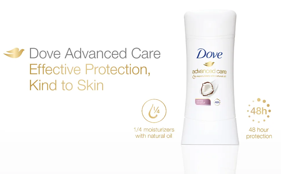 Dove Advanced Care Antiperspirant Deodorant Stick for Women, Caring Coconut, for 48 Hour Protection And Soft And Comfortable Underarms,2.6 Ounce (Pack of 2) Coconut 2.6 Ounce (Pack of 2) - Dove Advanced Caring Coconut provides effective protection and is kind to skin, 48h protection