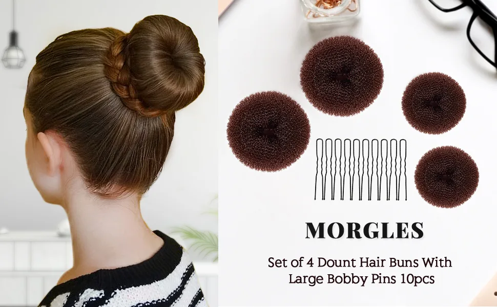 Donut Bun Maker, MORGLES Bun Maker for Hair Ring Style Bun Maker Set with 4PCS Donut Bun 10PCS Black Hair Pins - Donut Hair Bun