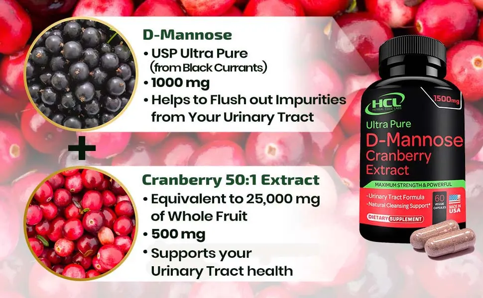 D-Mannose with Cranberry Extract Capsules 1500mg Super Strength Pills  Fast-Acting UTI Urinary Tract  Bladder Health Supplement - dmannose, dmannose capsules, cranberry capsules, herbal code