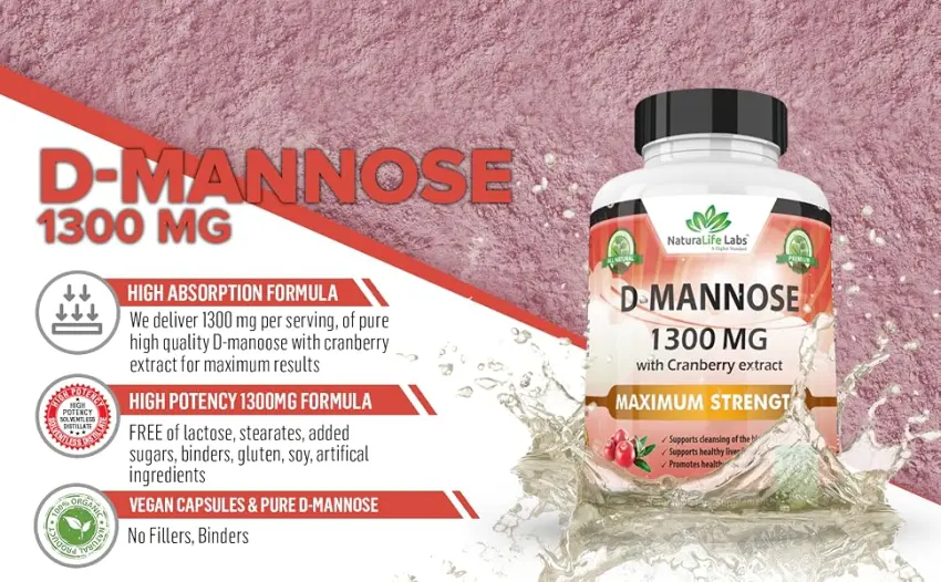 D-Mannose 1,300 mg with Cranberry Extract Fast-Acting, Flush Impurities, Natural Urinary Tract Health- 100 Veggie Capsules - D-mannose 1300 mg
