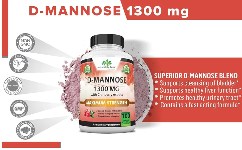 D-Mannose 1,300 mg with Cranberry Extract Fast-Acting, Flush Impurities, Natural Urinary Tract Health- 100 Veggie Capsules - d-mannose 1300 mg