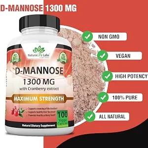 D-Mannose 1,300 mg with Cranberry Extract Fast-Acting, Flush Impurities, Natural Urinary Tract Health- 100 Veggie Capsules - Dmannose